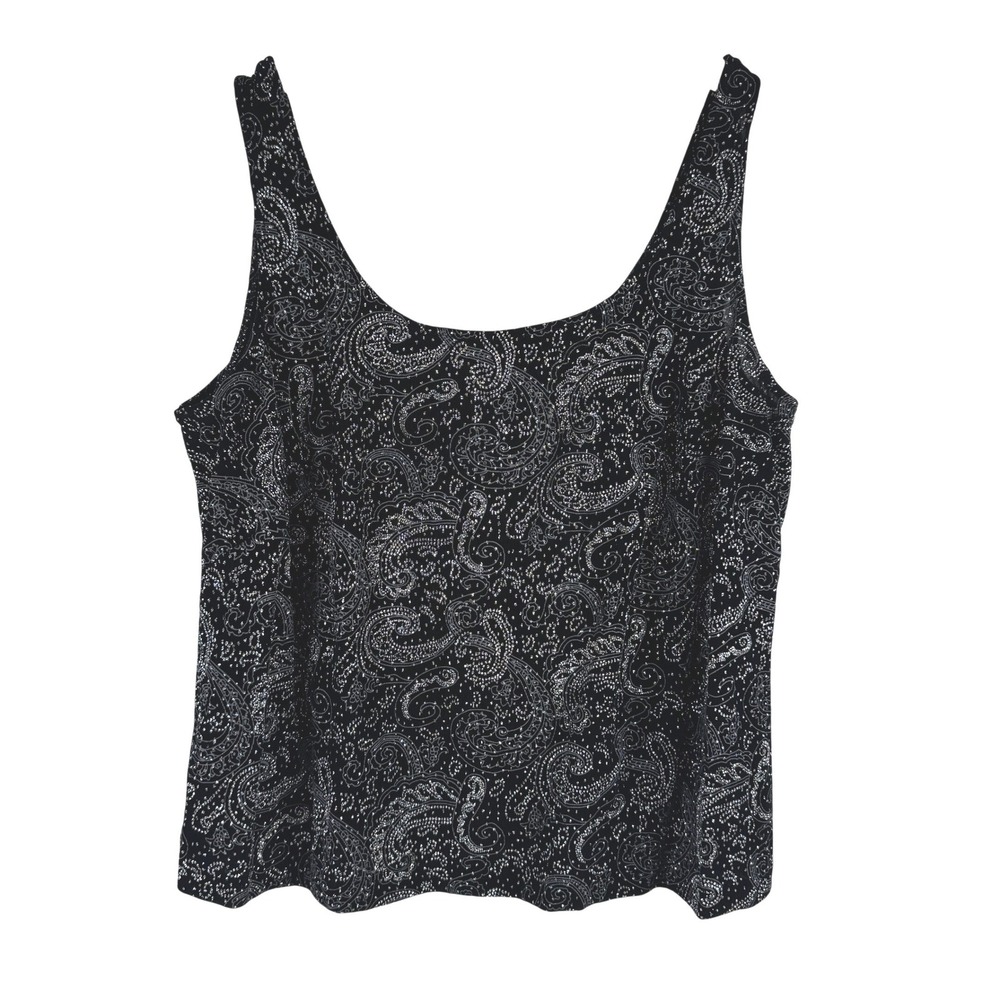 VTG! Alex Evenings Black Silver Glitter Paisley Tank Top Scoop Neck XL 22 PTP